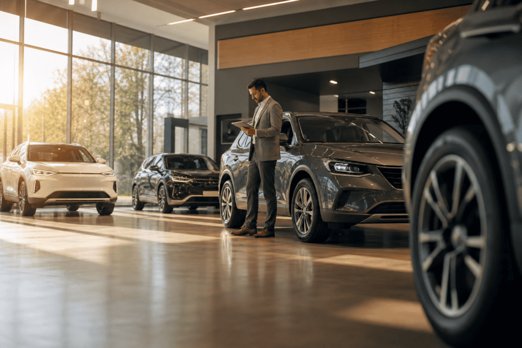 Modern car dealership showroom floor with salesperson reviewing inventory on tablet