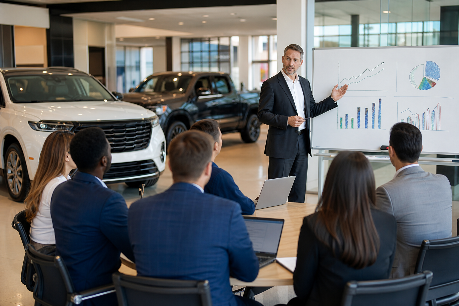 Sales manager leading a car dealership sales training session on the showroom floor