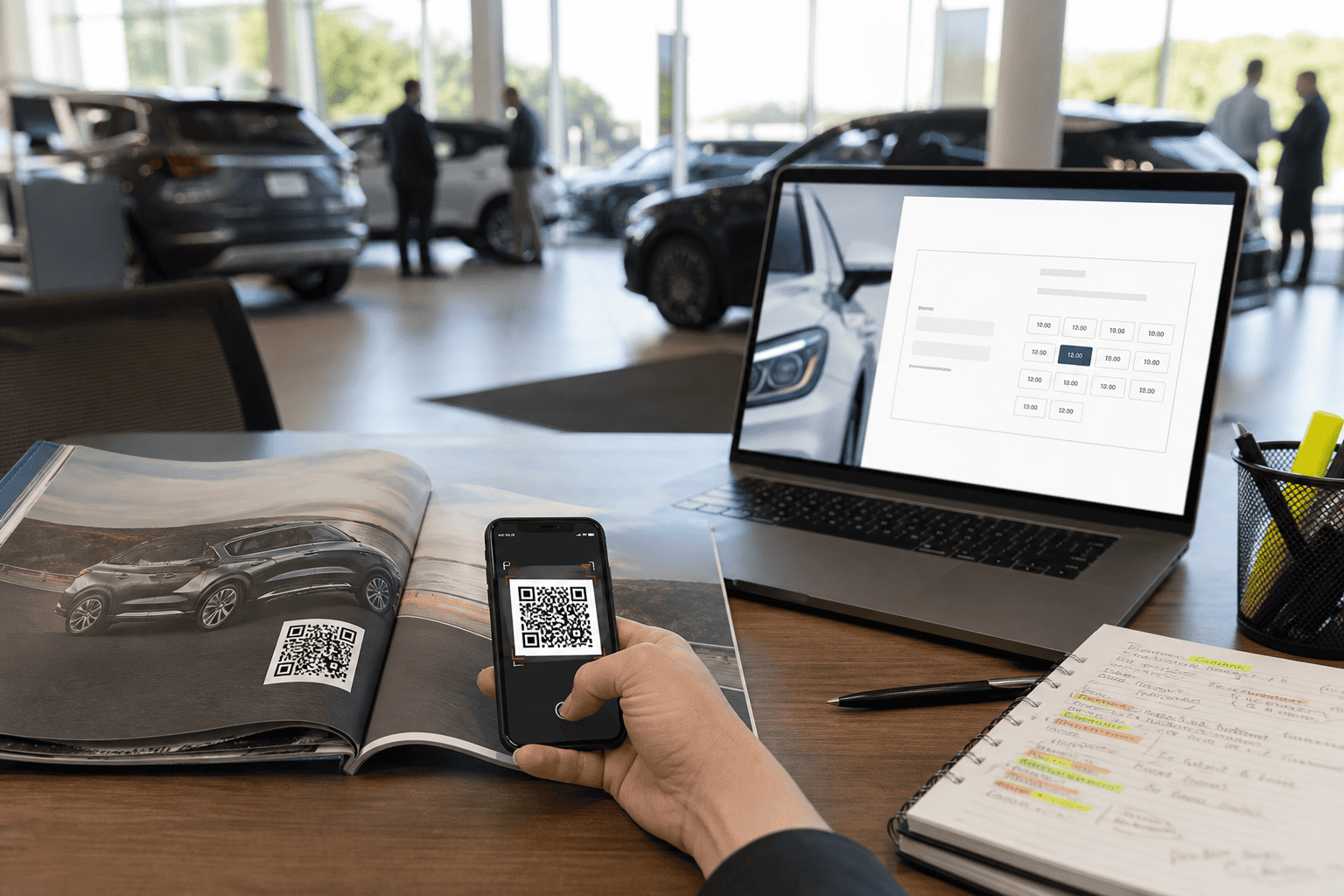 Dealer desk with magazine ad, phone scanning QR, and showroom traffic.