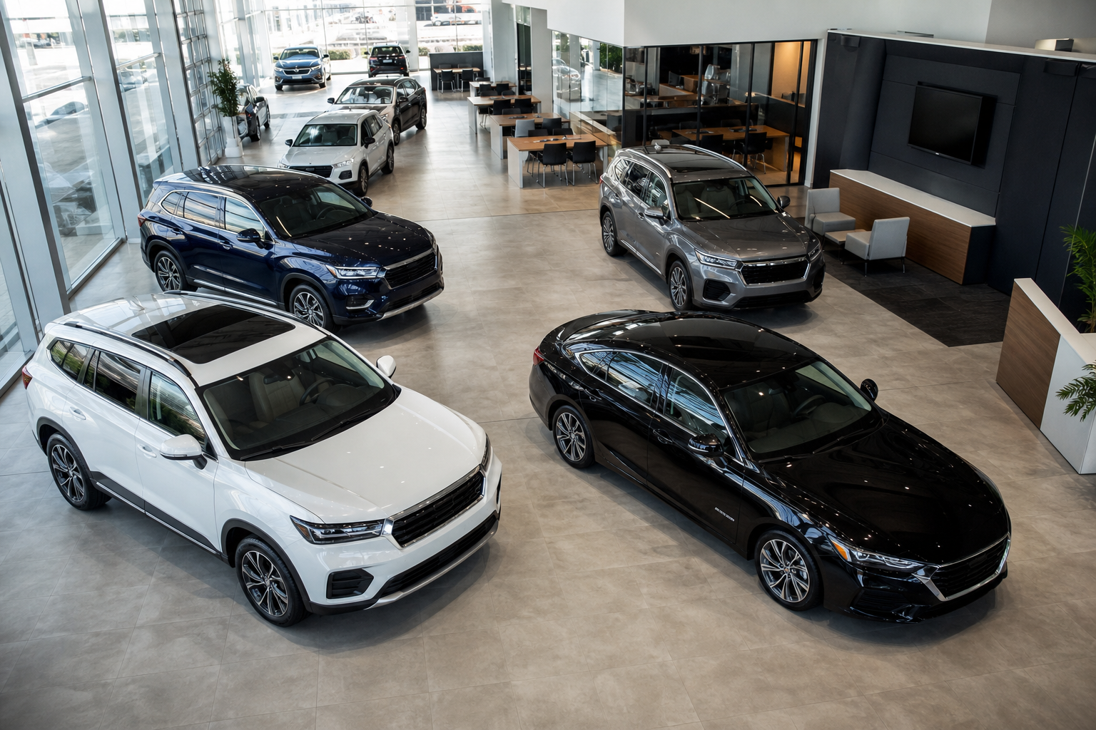 Modern car dealership showroom floor with new vehicles displayed under bright lighting