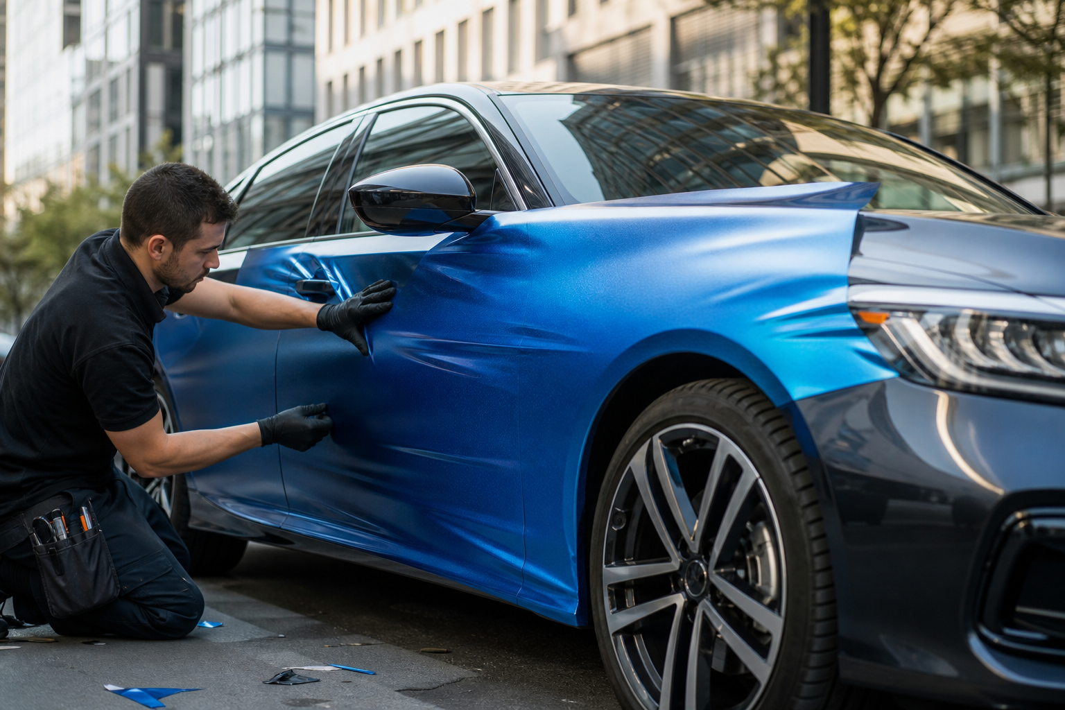 Technician applying a professional vehicle wrap on a sedan on a city street