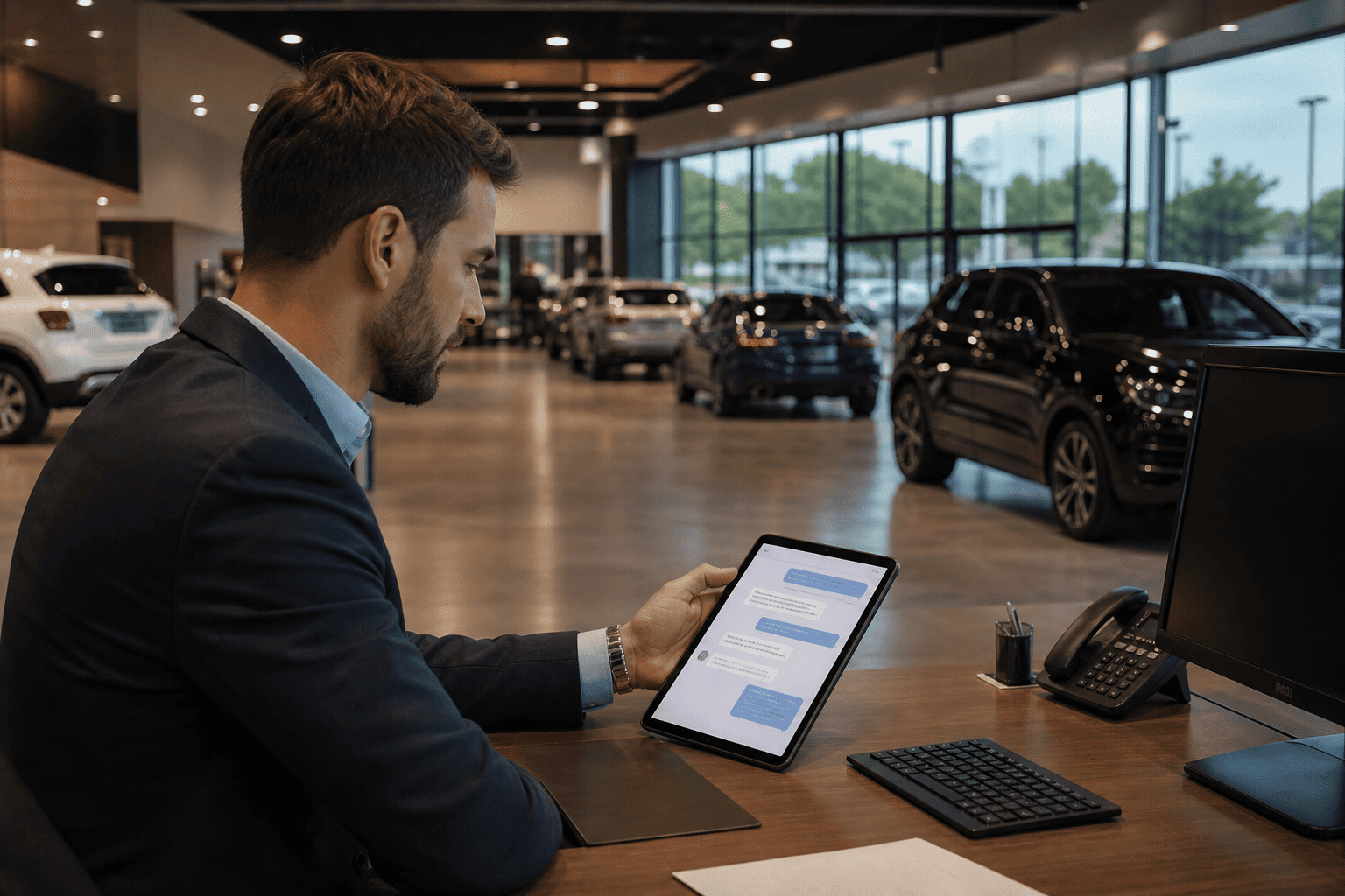 Sales advisor reviewing conversational text messaging thread on tablet in dealership showroom