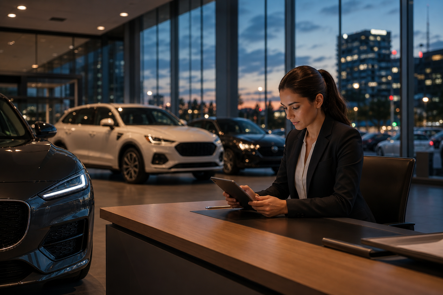 Modern car dealership showroom floor with salesperson reviewing internet leads on tablet