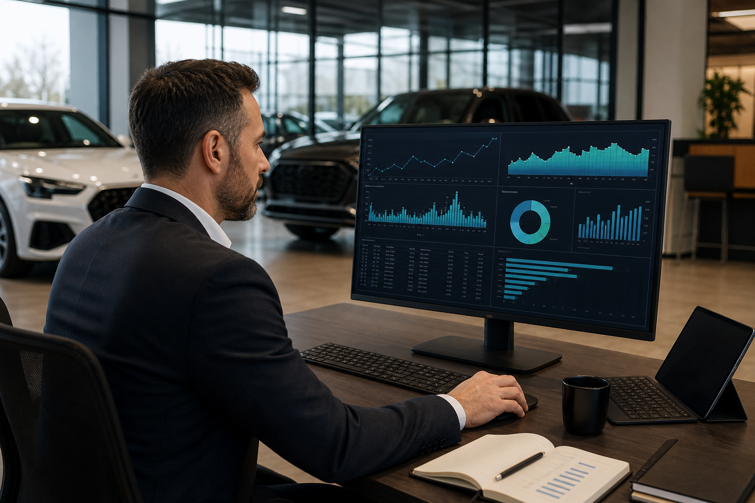 Dealership sales manager reviewing cost per acquisition analytics on monitor in 2026