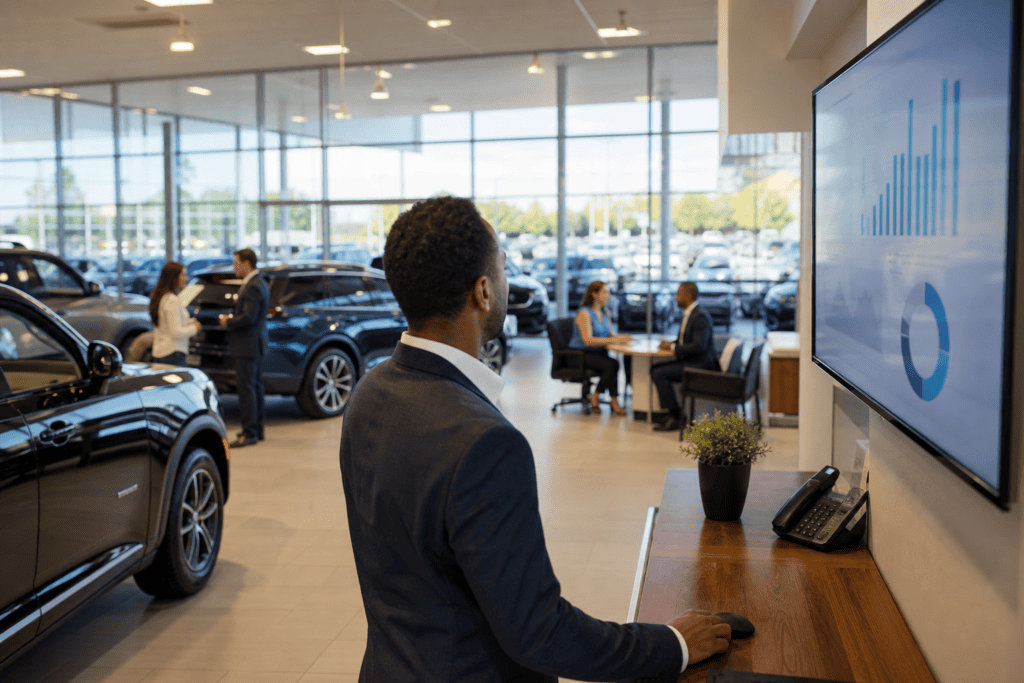 Dealership sales manager reviewing cost per lead analytics on showroom monitor in 2026