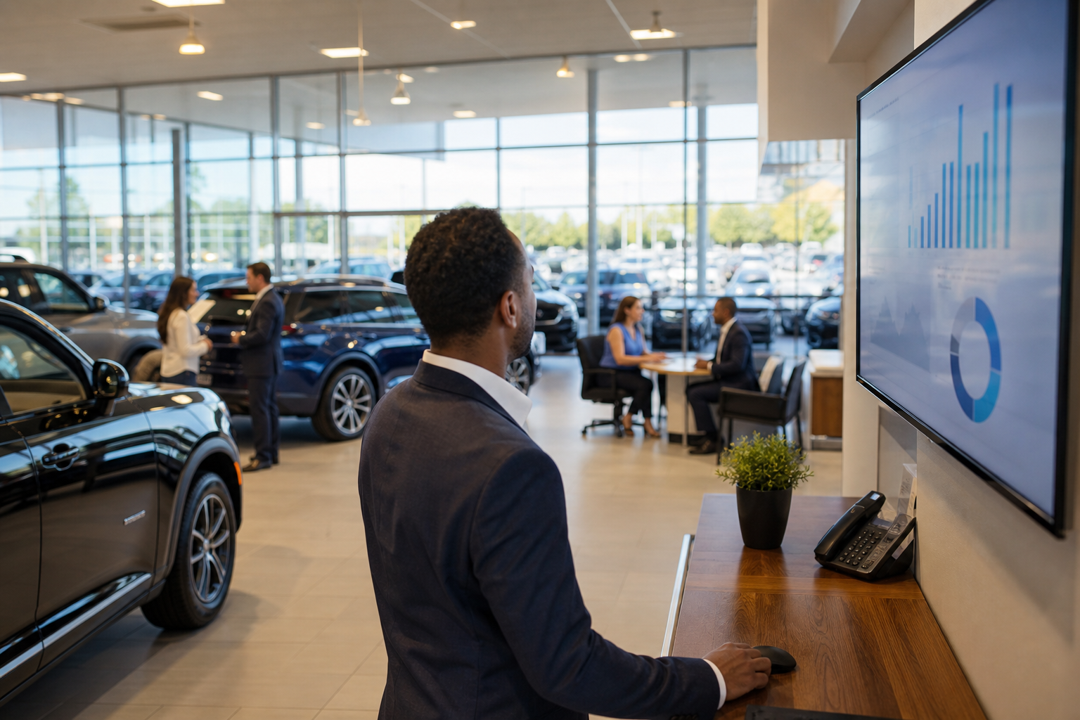 Dealership sales manager reviewing cost per lead analytics on showroom monitor in 2026