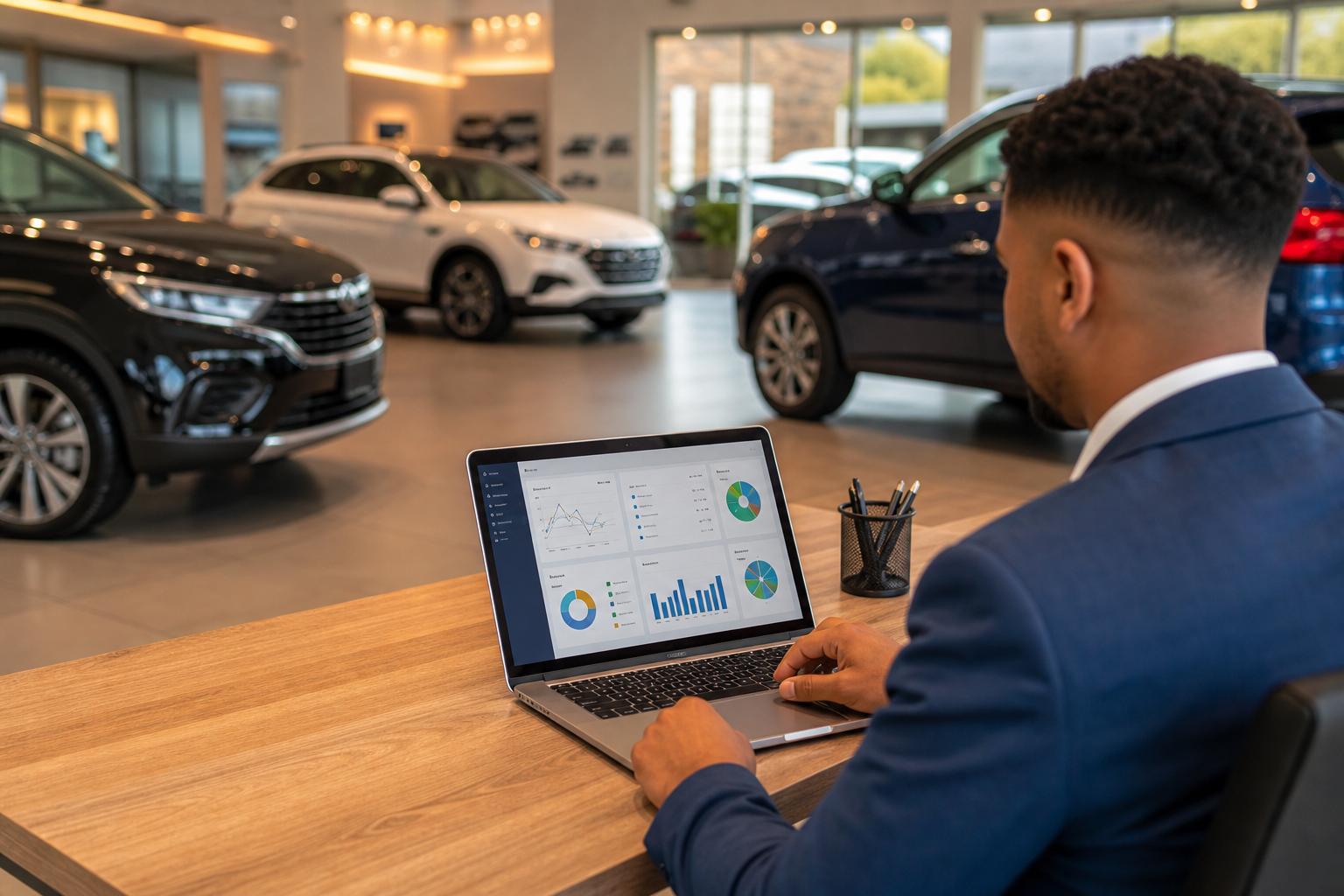 Dealership salesperson reviewing CRM e leads on a laptop in showroom