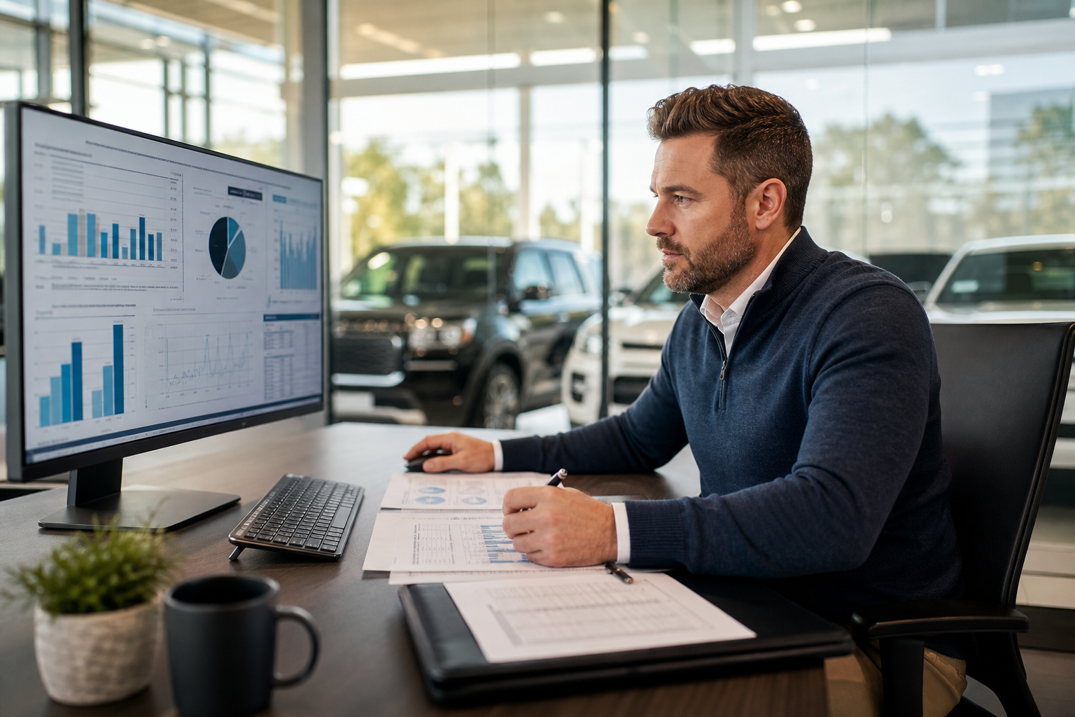 Dealership manager reviewing customer acquisition cost calculation data on monitor