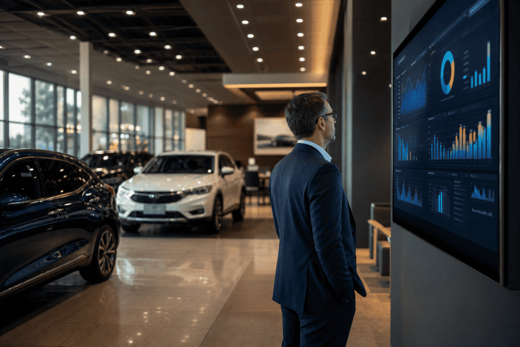 Car dealership showroom with data analytics dashboard displayed on screen