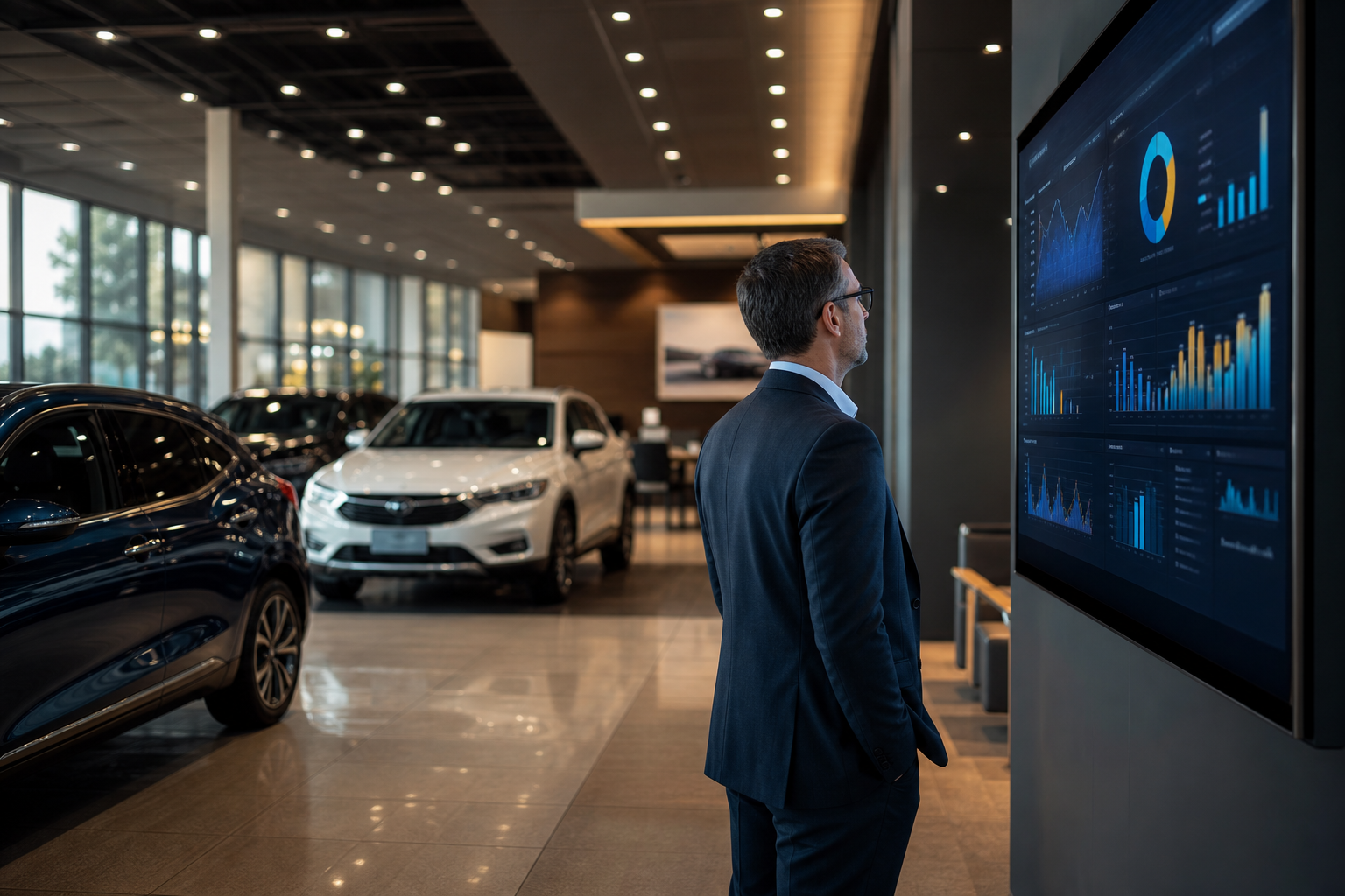 Car dealership showroom with data analytics dashboard displayed on screen