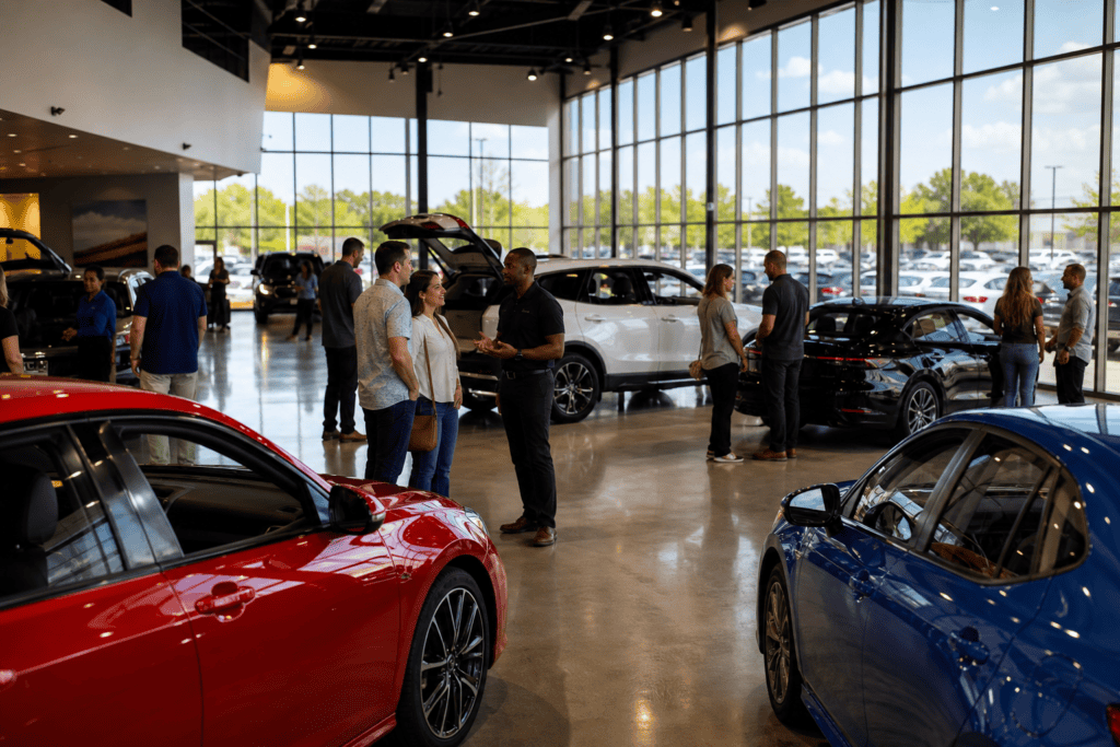 Busy car dealership showroom with customers and sales consultants during a sales event