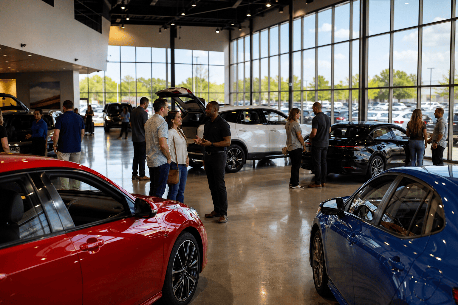 Busy car dealership showroom with customers and sales consultants during a sales event