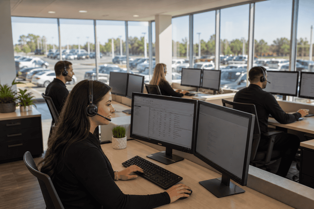 Dealership BDC representatives setting appointments at a modern automotive business development center in 2026
