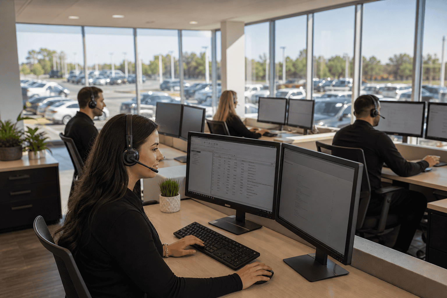 Dealership BDC representatives setting appointments at a modern automotive business development center in 2026