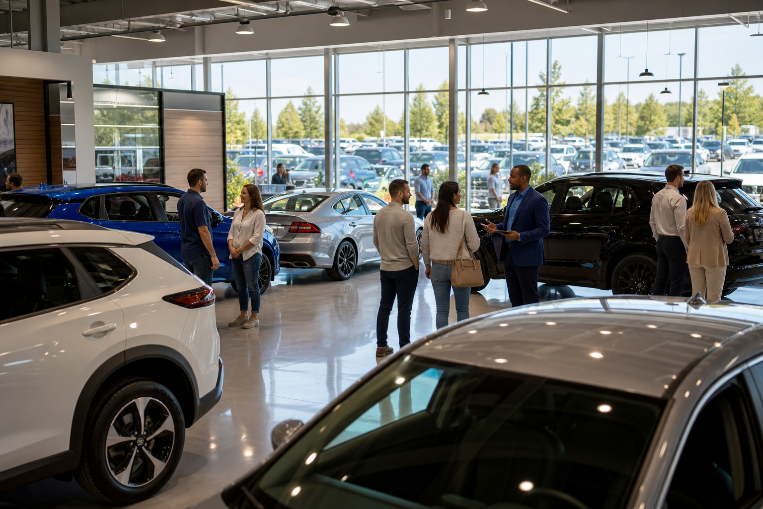 Modern car dealership showroom with salespeople and customers viewing inventory