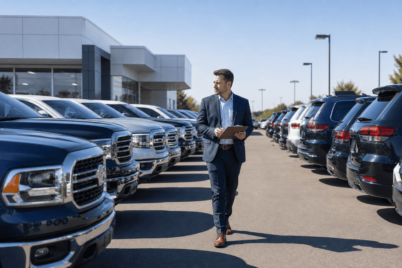 Dealership lot manager walking rows of polished truck and SUV inventory