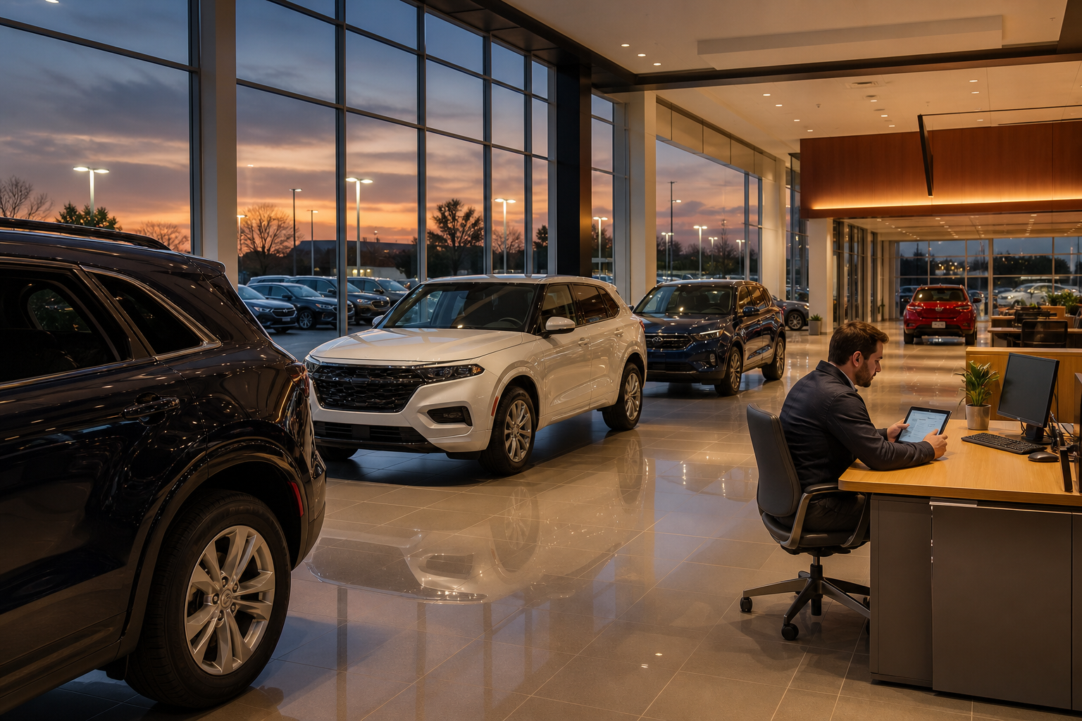 Modern car dealership showroom floor with salesperson reviewing leads on tablet