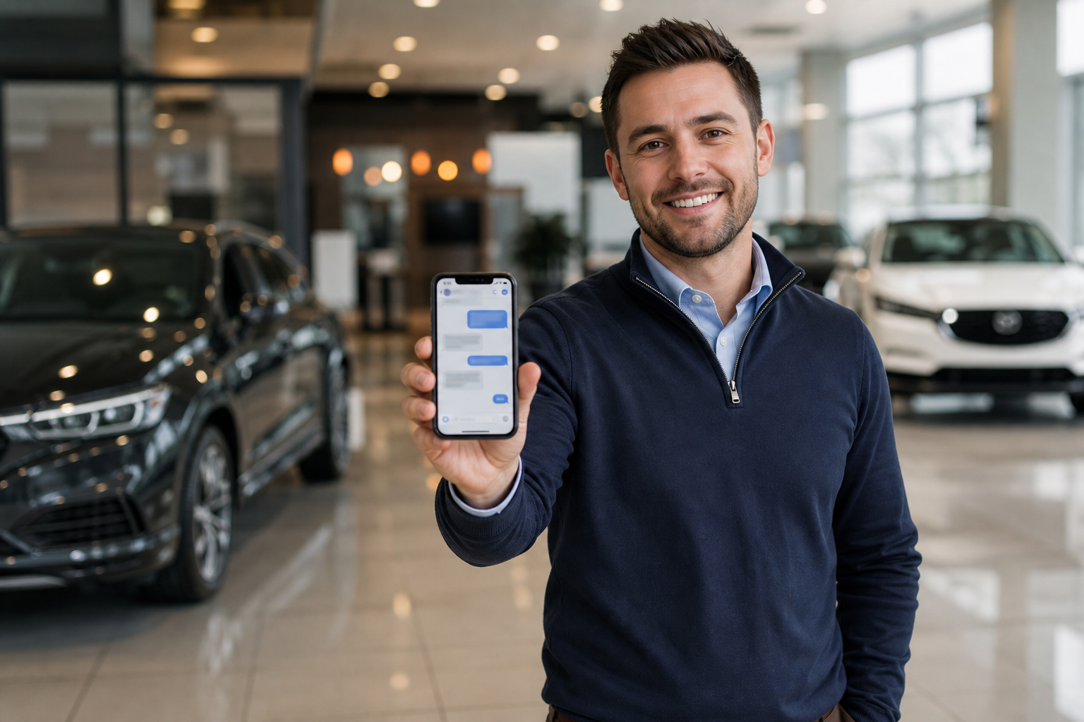 Dealership sales consultant using Messenger on a smartphone in a modern showroom