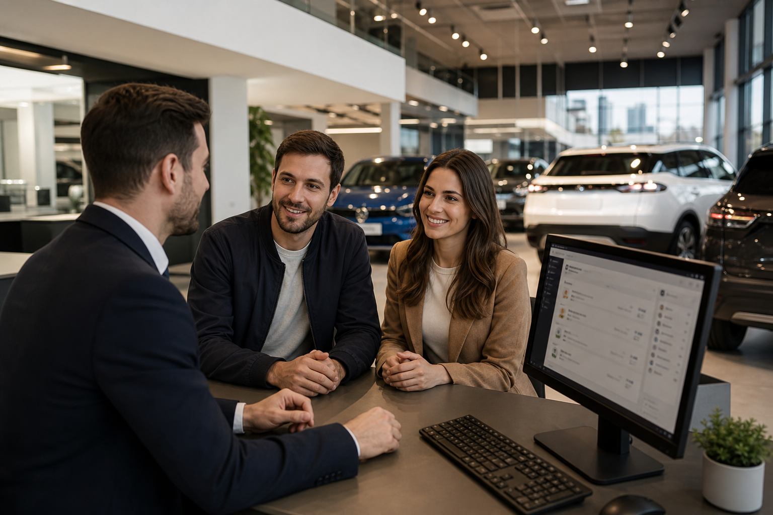 Car dealership showroom interior with salesperson managing social media reputation reviews