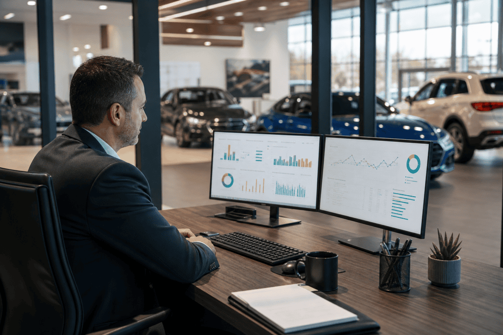 Car dealership manager reviewing social media reputation monitoring analytics in 2026