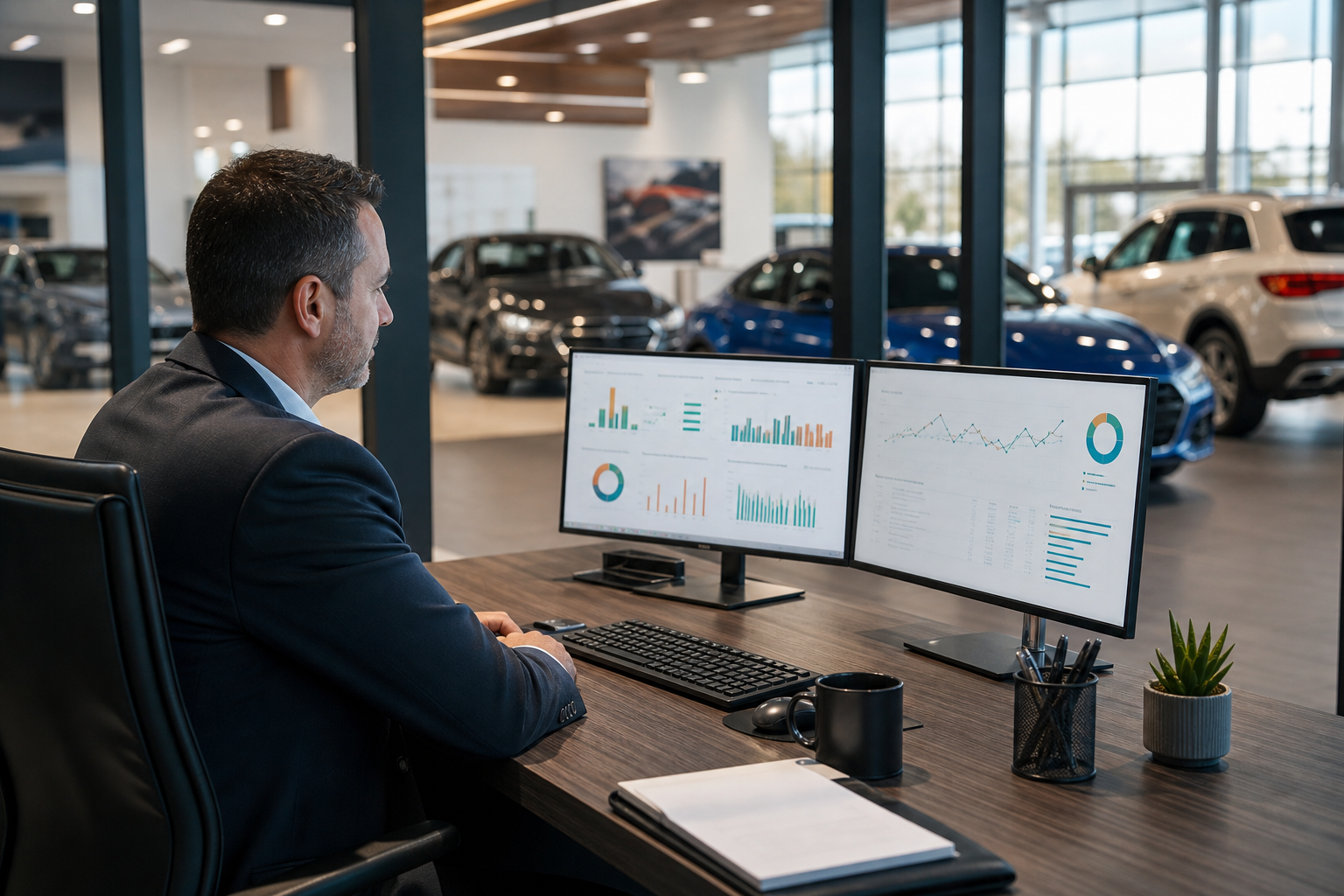Car dealership manager reviewing social media reputation monitoring analytics in 2026
