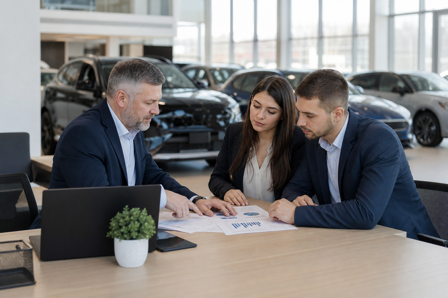 Sales manager coaching two dealership salespeople around a desk reviewing performance reports