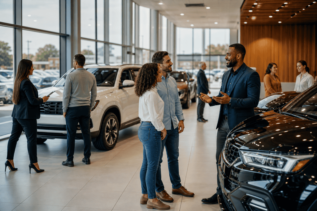 Car dealership sales team engaging customers inside a modern showroom in 2026