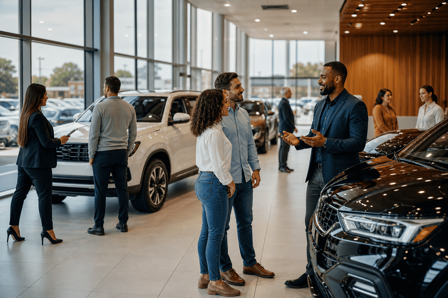 Car dealership sales team engaging customers inside a modern showroom in 2026