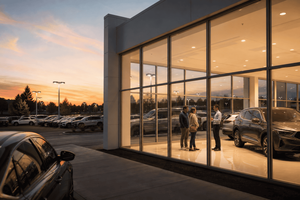 Modern auto dealership showroom at dusk with vehicles on display and customers