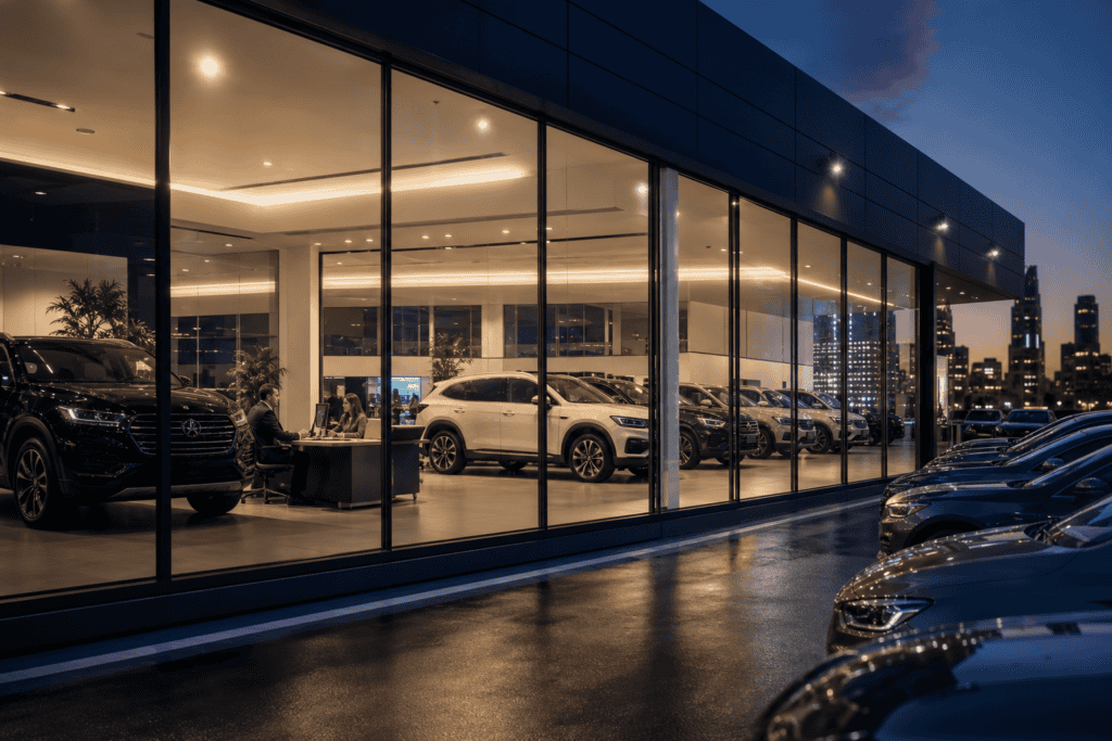 Modern auto dealership showroom at dusk with customers and new inventory visible