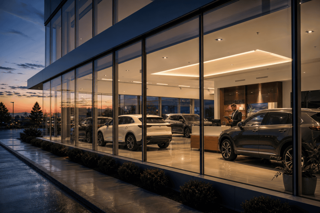 Modern car dealership showroom at dusk with new vehicles on display in 2026