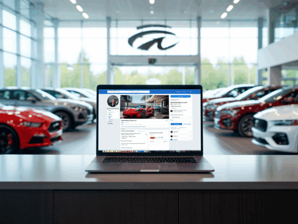 Laptop showcasing car enthusiast profile on counter in sleek showroom, with multiple Willowood Ventures vehicles and large windows.
