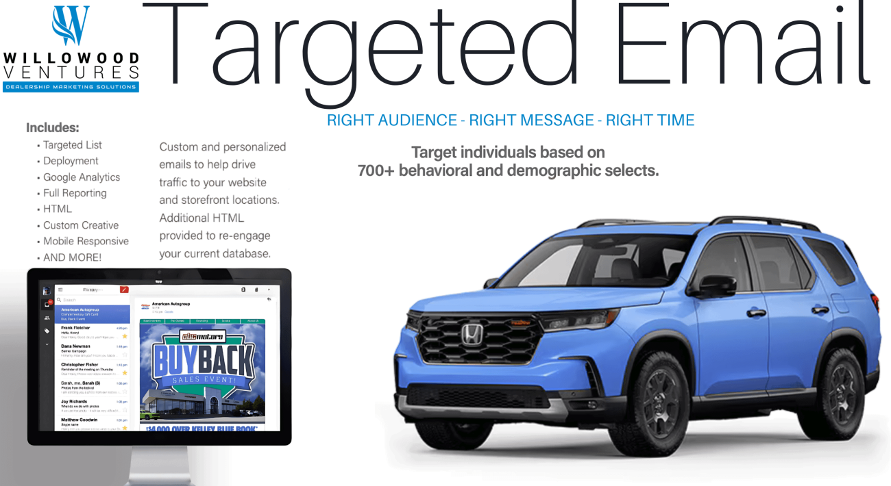 Marketing flyer for Willowood Ventures’ targeted automotive email services featuring a blue SUV, a computer screen with a car buyback campaign, key dealership service highlights, and the headline Targeted Email.
