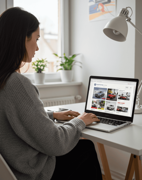 Woman at desk using laptop and Elementor to browse Willowood Ventures automotive listings; modern workspace with lamp, plants, and window in background.