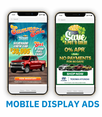 Two smartphones display mobile car dealership ads: one features a red Chevrolet Silverado for a summer truck sale; the other promotes a Hyundai St. Patrick’s Day offer with 0% APR and no payments for 90 days. Text reads “Mobile Display Ads.”.