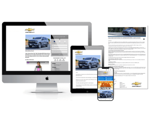 Computer, tablet, and smartphone display Willowood Venturesβ Chevrolet dealership website featuring car listings; printed document with Chevrolet logo shown alongside for multi-platform automotive marketing.