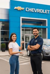 Woman holding car keys stands smiling beside a man in a Chevrolet dealership parking lot, with the blue Chevrolet building and logo in the background—ideal automotive imagery for Willowood Ventures’ marketing.