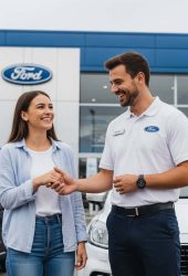 A smiling woman shakes hands with a Ford dealership representative next to a white Ford vehicle outside the showroom—ideal automotive marketing imagery for Willowood Ventures.