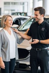 A Willowood Ventures car salesperson in a branded black polo stands with a satisfied customer inside a bright showroom, showcasing white vehicles—ideal automotive marketing image for landing pages.