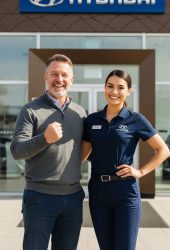 Customer stands with Hyundai representative outside dealership, smiling in front of prominent blue Hyundai logo—showcasing automotive sales experience for Willowood Ventures marketing.