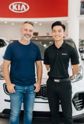 Two men stand smiling in a Kia dealership showroom in front of a new white Kia vehicle. The Kia logo is prominently displayed on a red wall, highlighting Willowood Ventures’ automotive offerings. One man wears branded Kia apparel; the other is casually dressed, appealing to diverse customers. Ideal for an automotive landing page.
