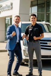 Two men, one in a blue suit and one in a black polo, smile and pose in front of a white Cadillac SUV at a car dealership, highlighting Willowood Ventures’ automotive sales success.
