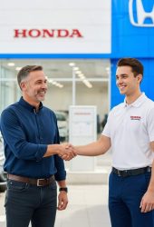 Customer and Honda dealership employee shake hands and smile inside a modern car showroom, with Honda vehicles and branding visible, showcasing a friendly automotive sales experience for Willowood Ventures marketing.