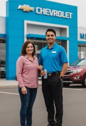 Smiling sales associate and customer outside Chevrolet dealership, with red Chevy vehicle and dealership sign in background—ideal landing page photo for Willowood Ventures automotive marketing.