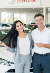 Happy customers stand in front of a white Toyota vehicle inside a dealership showroom, highlighting customer satisfaction and quality vehicles for Willowood Ventures’ automotive marketing. The Toyota logo and multiple cars are visible in the background.