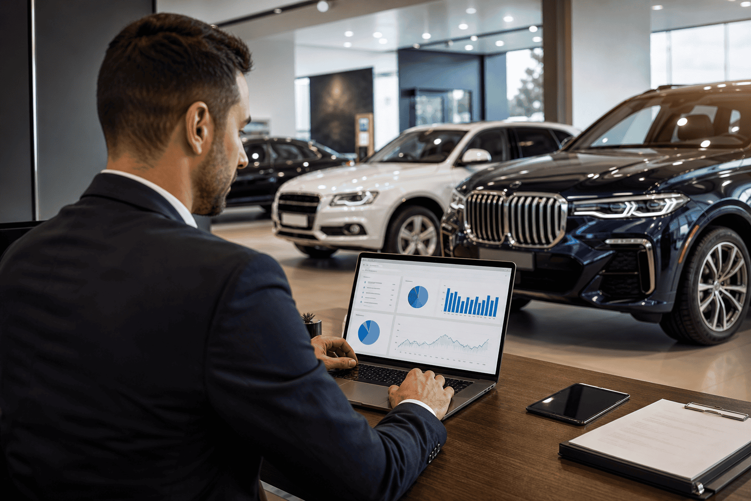 Auto dealer reviewing targeted email marketing campaign results on laptop in showroom
