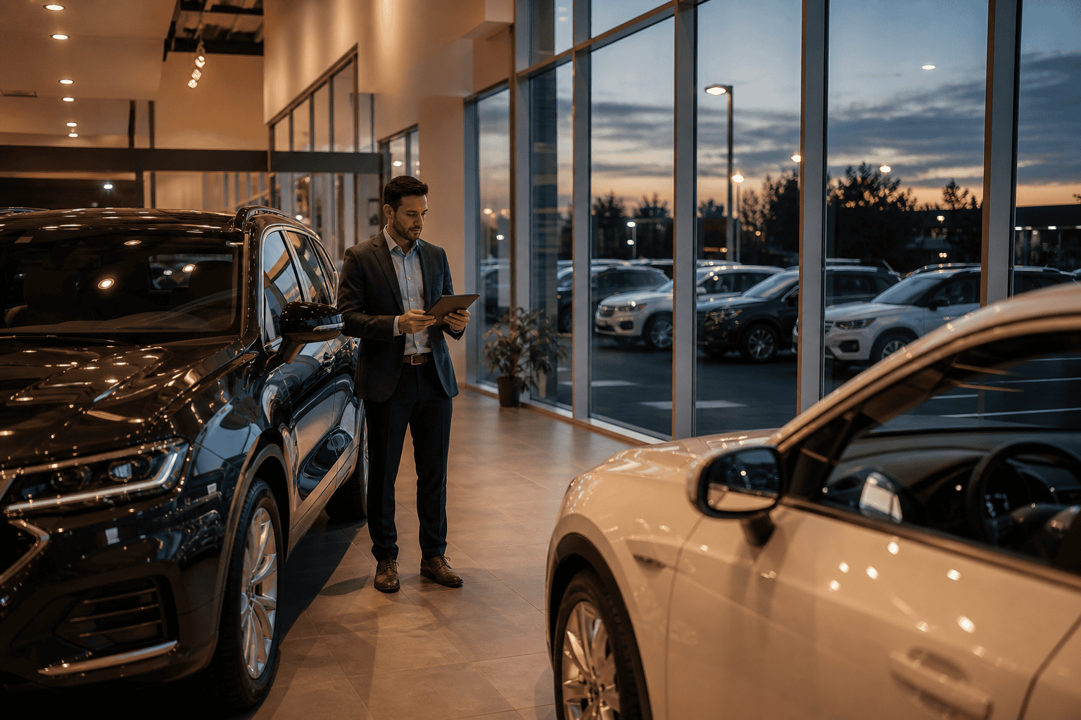 Modern car dealership showroom with salesperson reviewing Facebook ad campaign results on tablet
