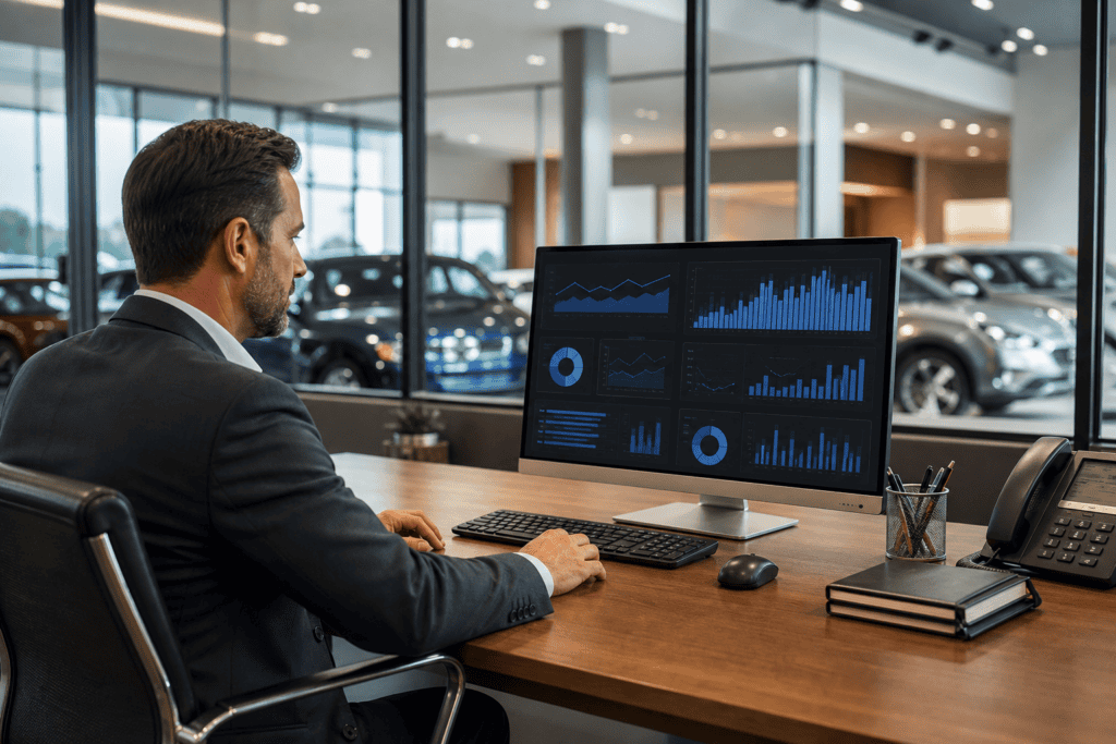 Car dealership manager reviewing Facebook advertising cost data on monitor in 2026