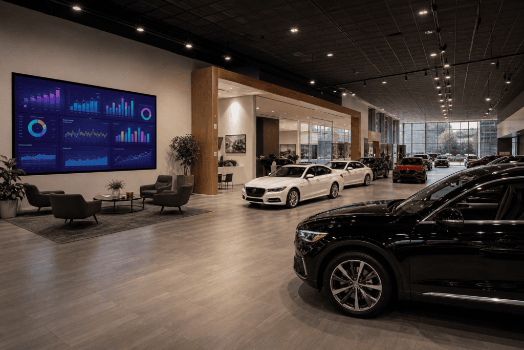 Car dealership showroom with digital advertising analytics displayed on wall screen in 2026
