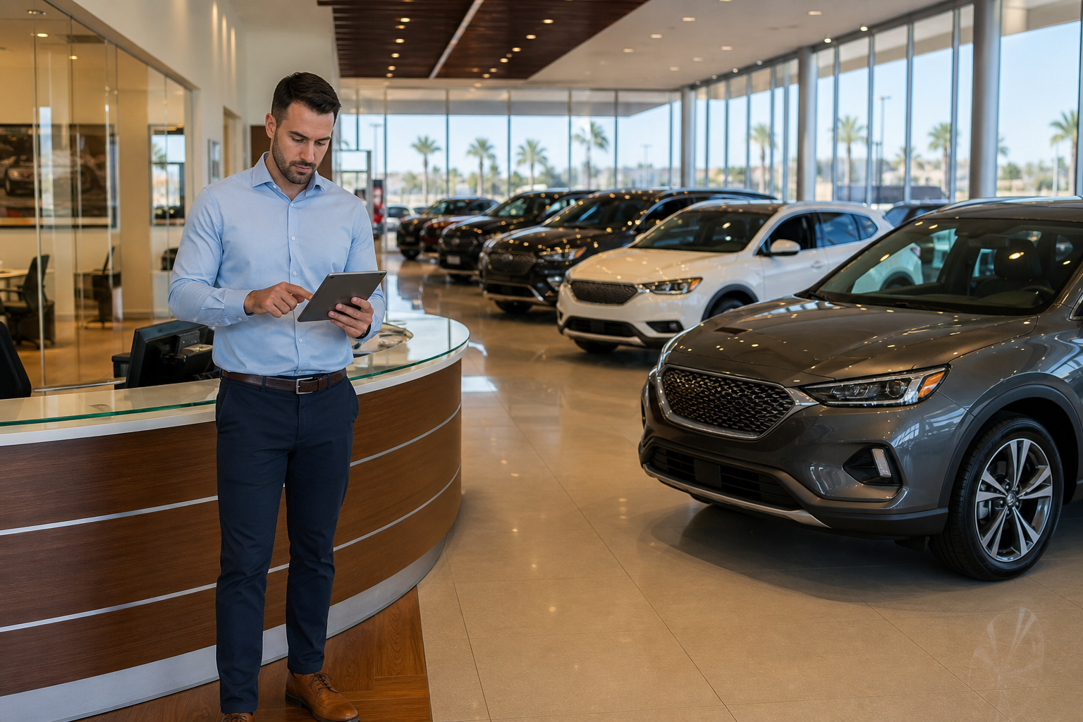 Modern car dealership showroom with new vehicles and professional sales staff in 2026